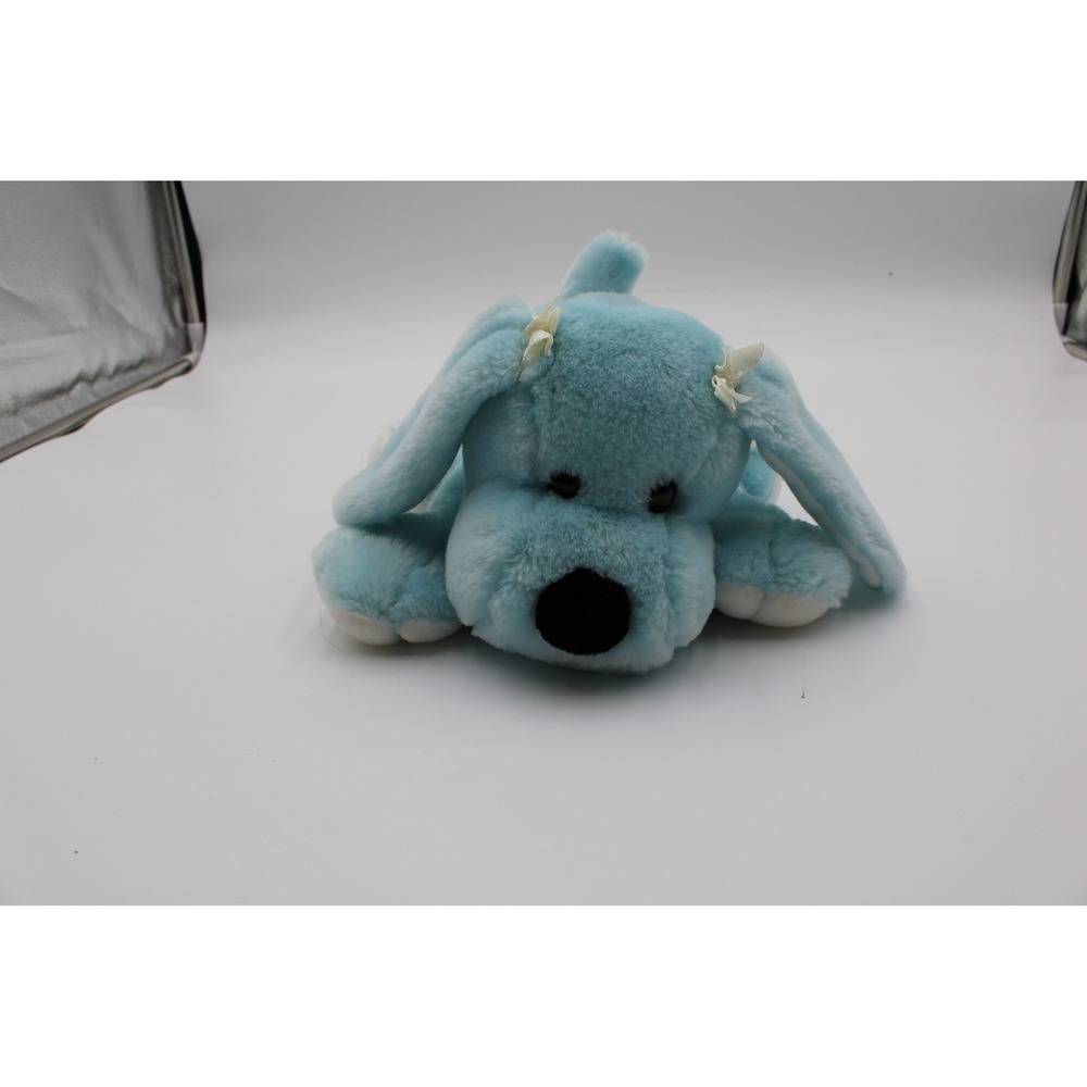 Jerry Elsner Plush Puppy Dog Blue Heart Paws Hair Bows Vintage 90s 9 Inch